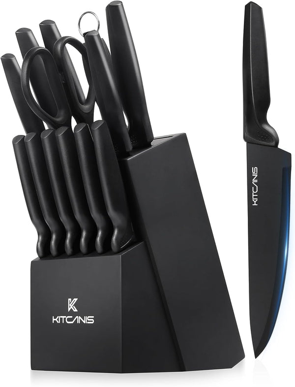 KITCANIS Knife Set with Block,15pcs Kitchen Knife Sets,High Carbon Stainless Steel Knife Set with Sharpener,Black Knife Block Set for Chopping, Slicing, Dicing Cutting