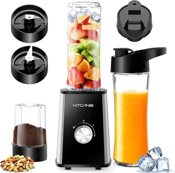 KITCANIS Standmixer 600 W, 3-in-1 Mini Smoothie Maker, 3 einstellbare Geschwindigkeiten, 2 x 600 ml tragbare Flasche und 300 ml Mahlbecher für Eis, Obst, Gemüse, Nüsse