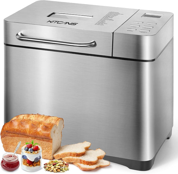 Bread Maker Machines, 19 in 1 Stainless Steel Breadmaker with Automatic Dispenser, 2.2LB Large Bread Machine, Nonstick Ceramic Pan, LCD Touch Panel, Gluten Free, Dough Maker, Jam, Yogurt